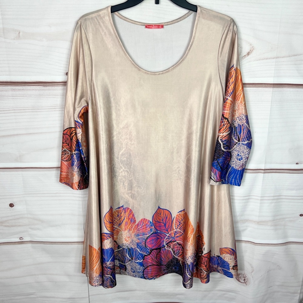Simply Aster Dress Womens Medium Beige Floral Mini Swing 3/4 Sleeve Scoop Neck‎